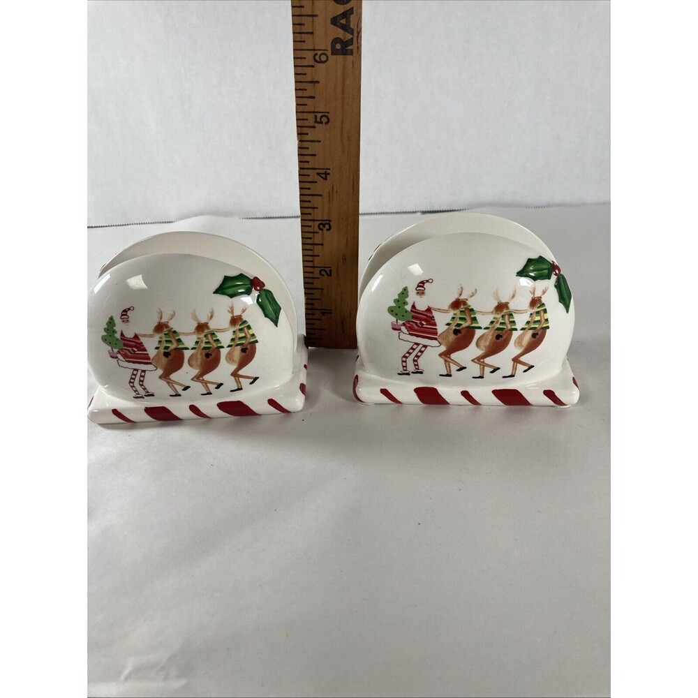 Collections Santa Reindeer Napkin Holder Set Of 2 Holly Tree Candy Cane Vintage - Picture 6 of 11
